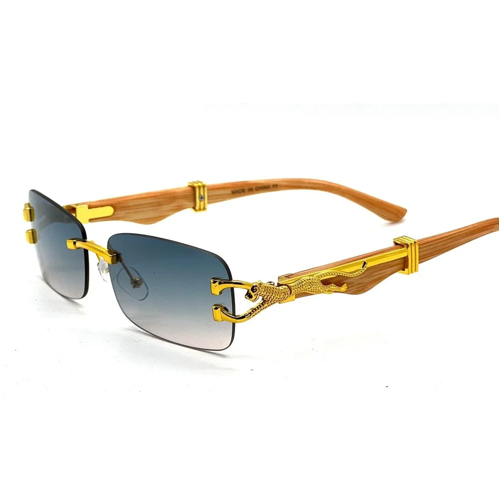 Sunglasses Men Classy Trendy Frameless Square Shades Featuring Wooden Temples